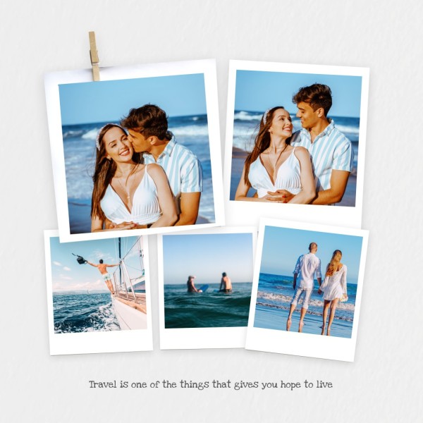 Collage di vacanze polaroid blu e grigio
