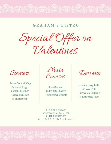 Thực đơn giảm giá đặc biệt của thực phẩm Valentine màu hồng