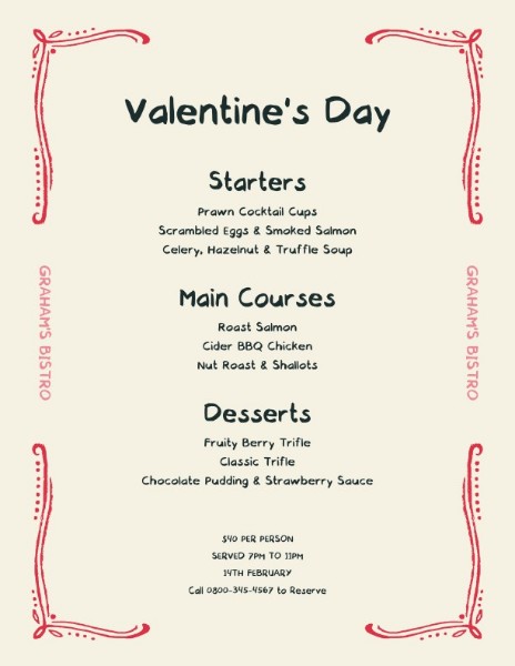 Thực đơn giảm giá đặc biệt của thực phẩm Valentine màu hồng