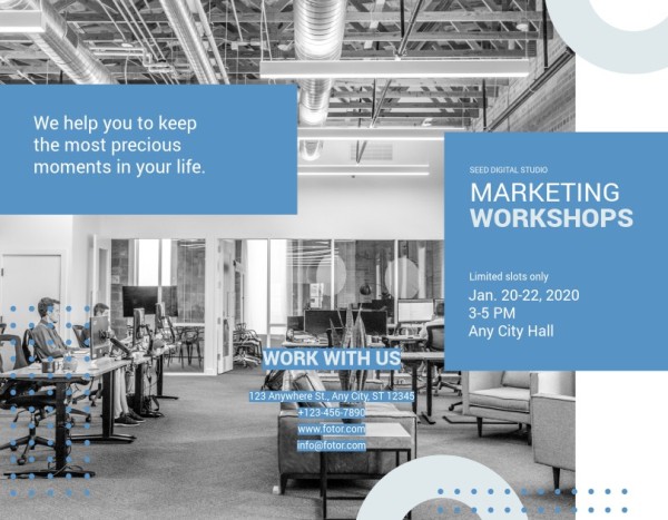 Blue White Marketing Workshop Brochure Template