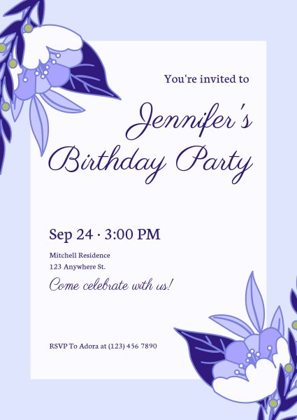 Purple Floral Birthday Party Invitation 