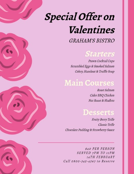 Pink Flower Valentine Food Ưu đãi đặc biệt Thực đơn giảm giá