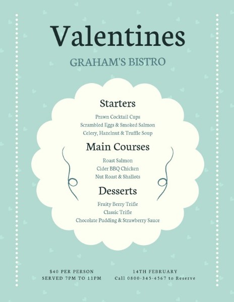 Thực đơn bán đồ ăn Valentine xanh xanh