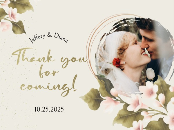 Beige And Green Illustration Flowers Wedding Thank You